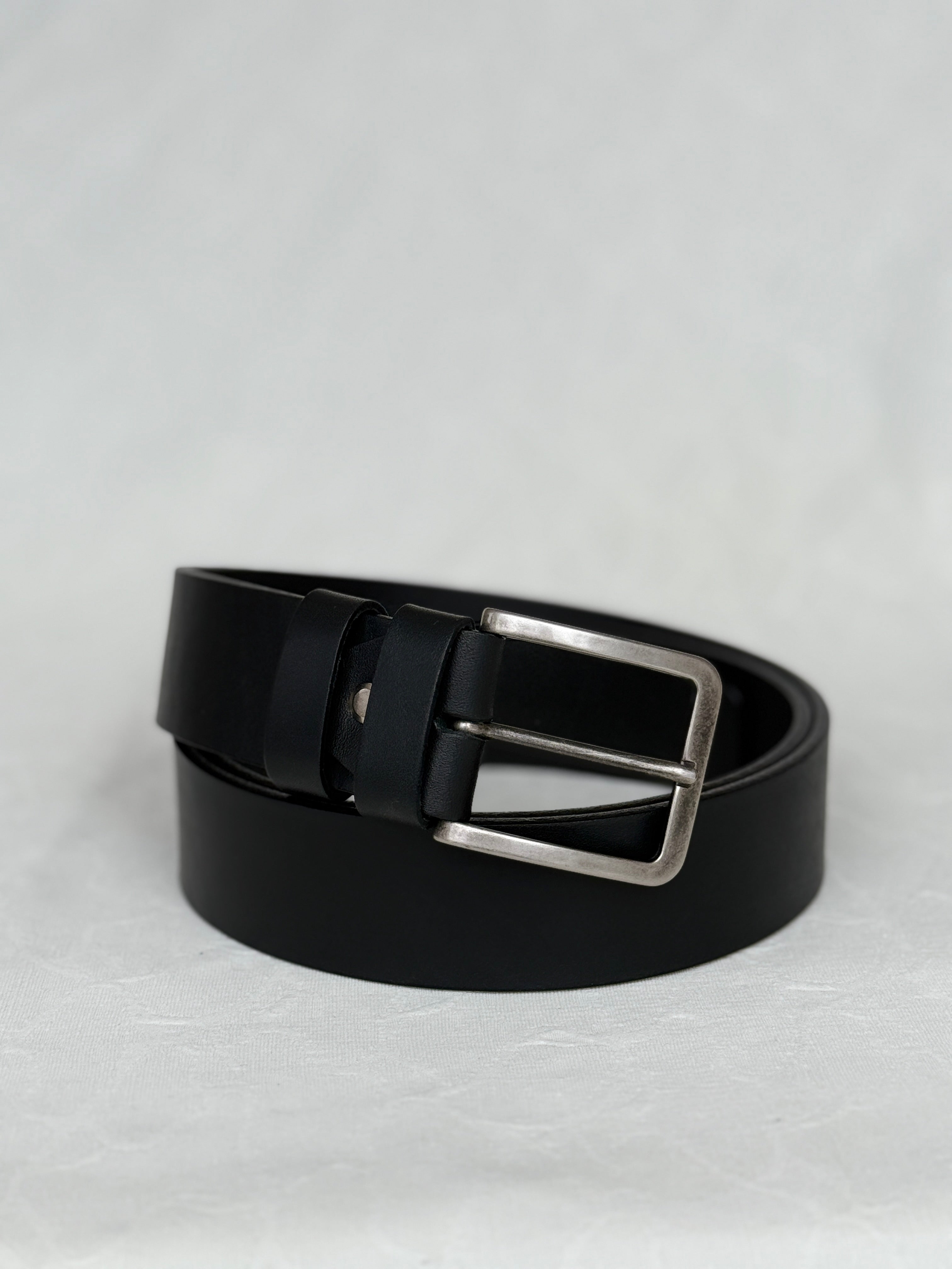 Black Leather Belt - Brushed Metal
