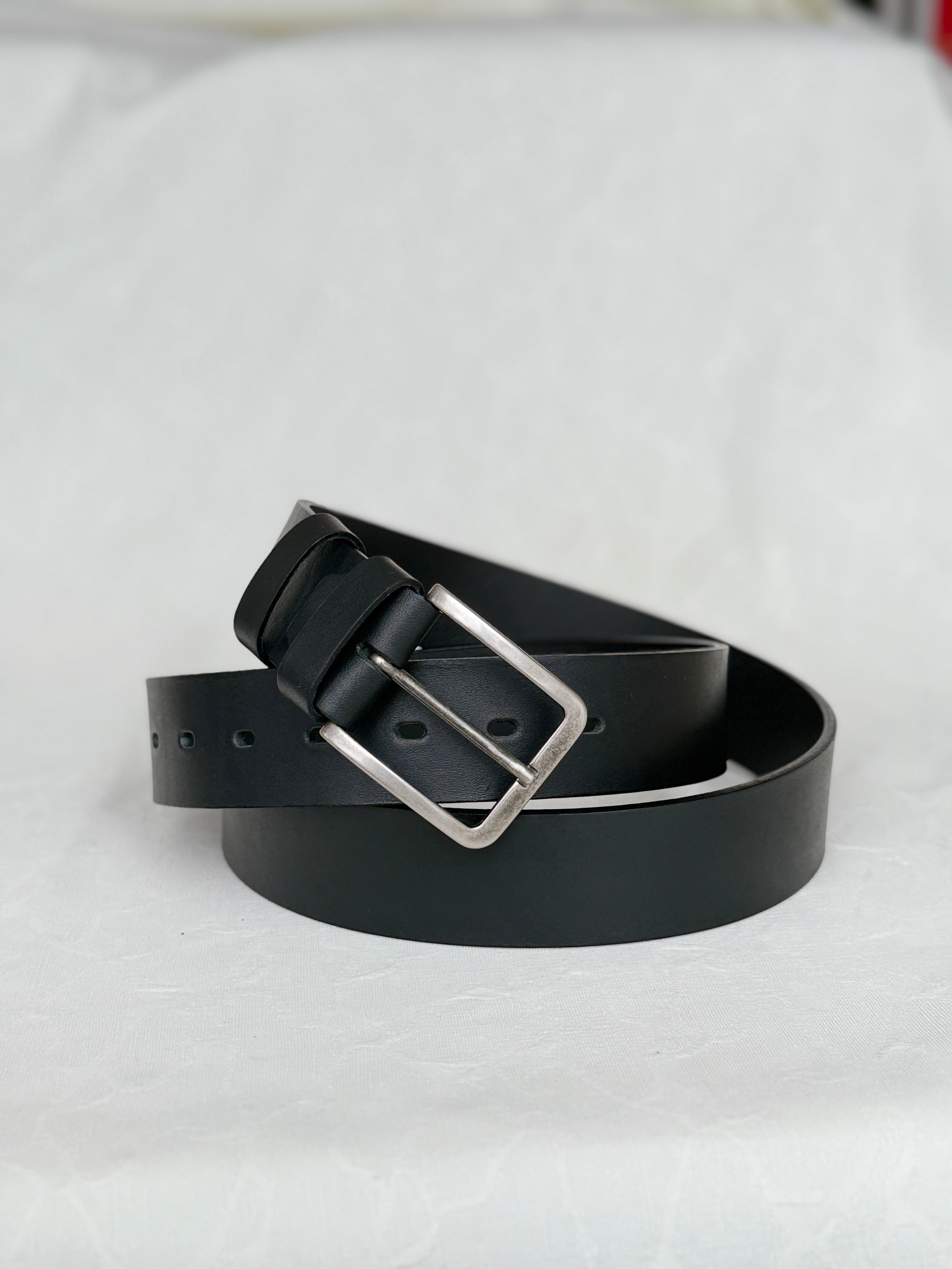Black Leather Belt - Brushed Metal