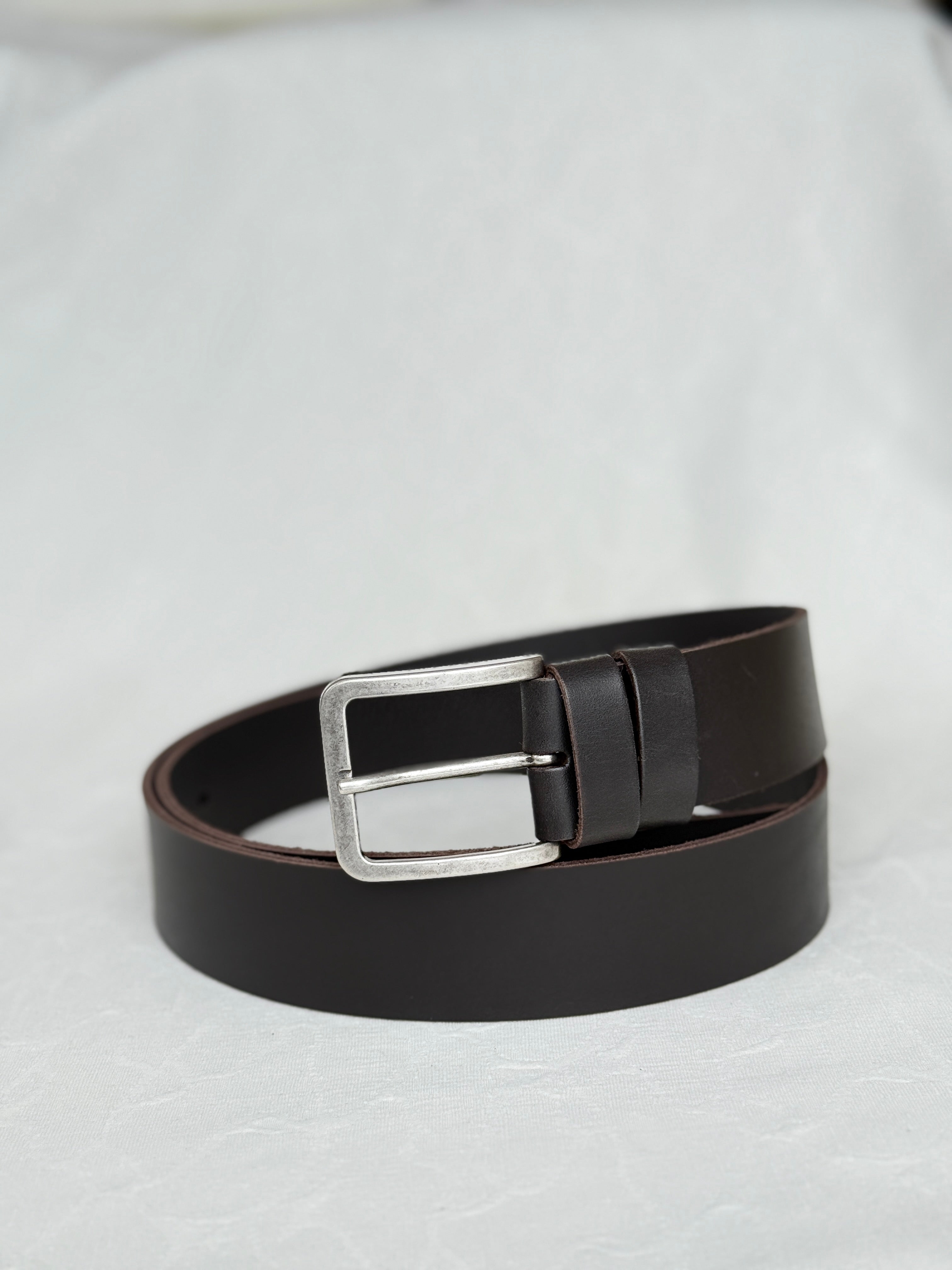 Brown Leather Belt - Brushed Metal